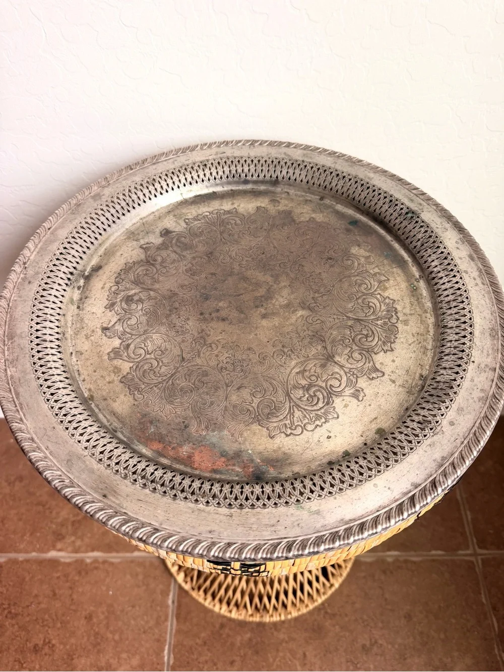 Ornate Round Decorative Metal Serving Tray in Antique Silver Tone